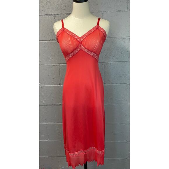 Vintage 50s Vanity Fair Slip Dress Coral Accordion Pleats Semi Sheer Nylon Lace - Picture 3 of 10